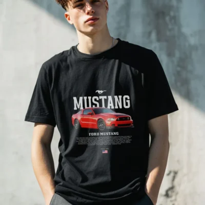koszulka młodzieżowa męska z nadrukiem ford mustang czarna