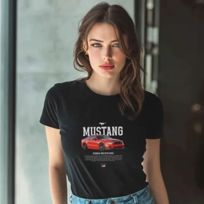 koszulka damska z nadrukiem ford mustang czarna
