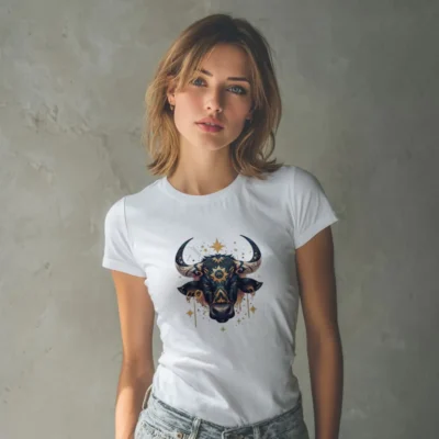 koszulka młodzieżowa damska z nadrukiem zodiak byk biała
