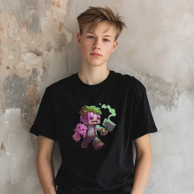 koszulka młodzieżowa męska z nadrukiem minecraft czarna