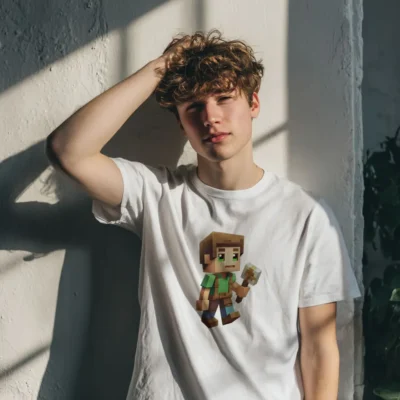 koszulka młodzieżowa męska z nadrukiem minecraft biała
