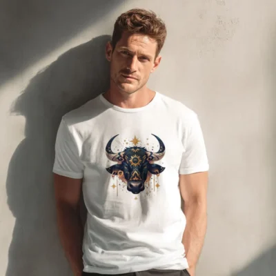 koszulka męska z nadrukiem zodiak byk biała